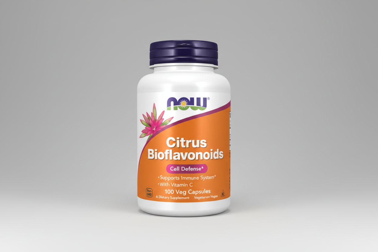 Supplement bottle labeled 'Citrus Bioflavonoids' with NOW brand on a white background