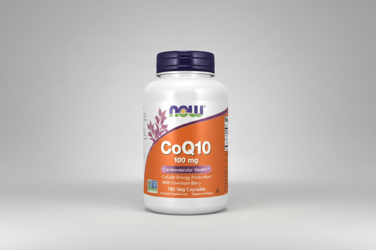 Supplement bottle labeled 'CoQ10 100 mg' with NOW brand on a white background