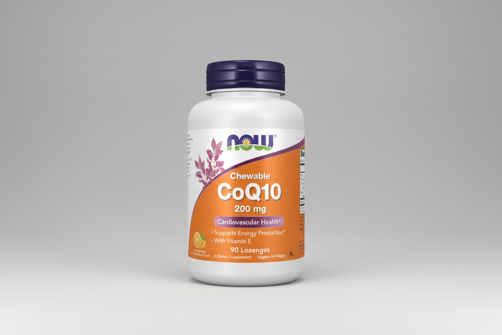 Vitamin supplement bottle labeled 'Chewable CoQ10' with Now brand on a white background