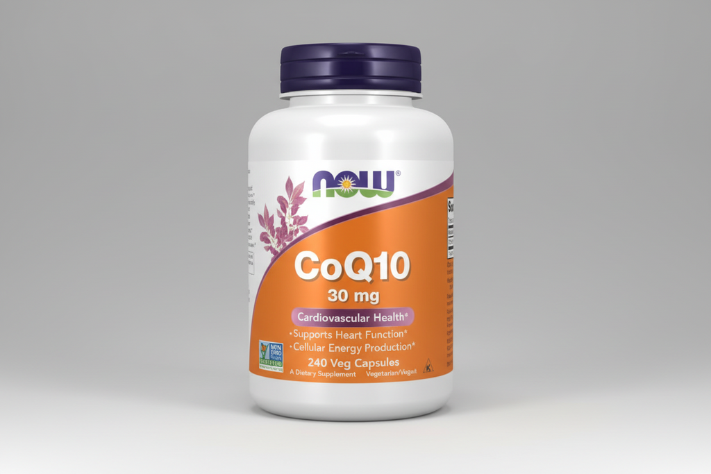 Supplement bottle labeled 'CoQ10 30 mg' with NOW brand on a white background