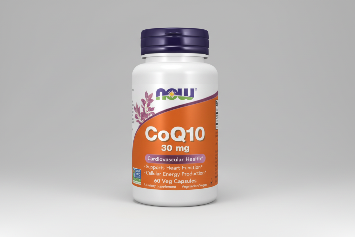 Supplement bottle labeled 'CoQ10 30 mg' with NOW brand on a white background