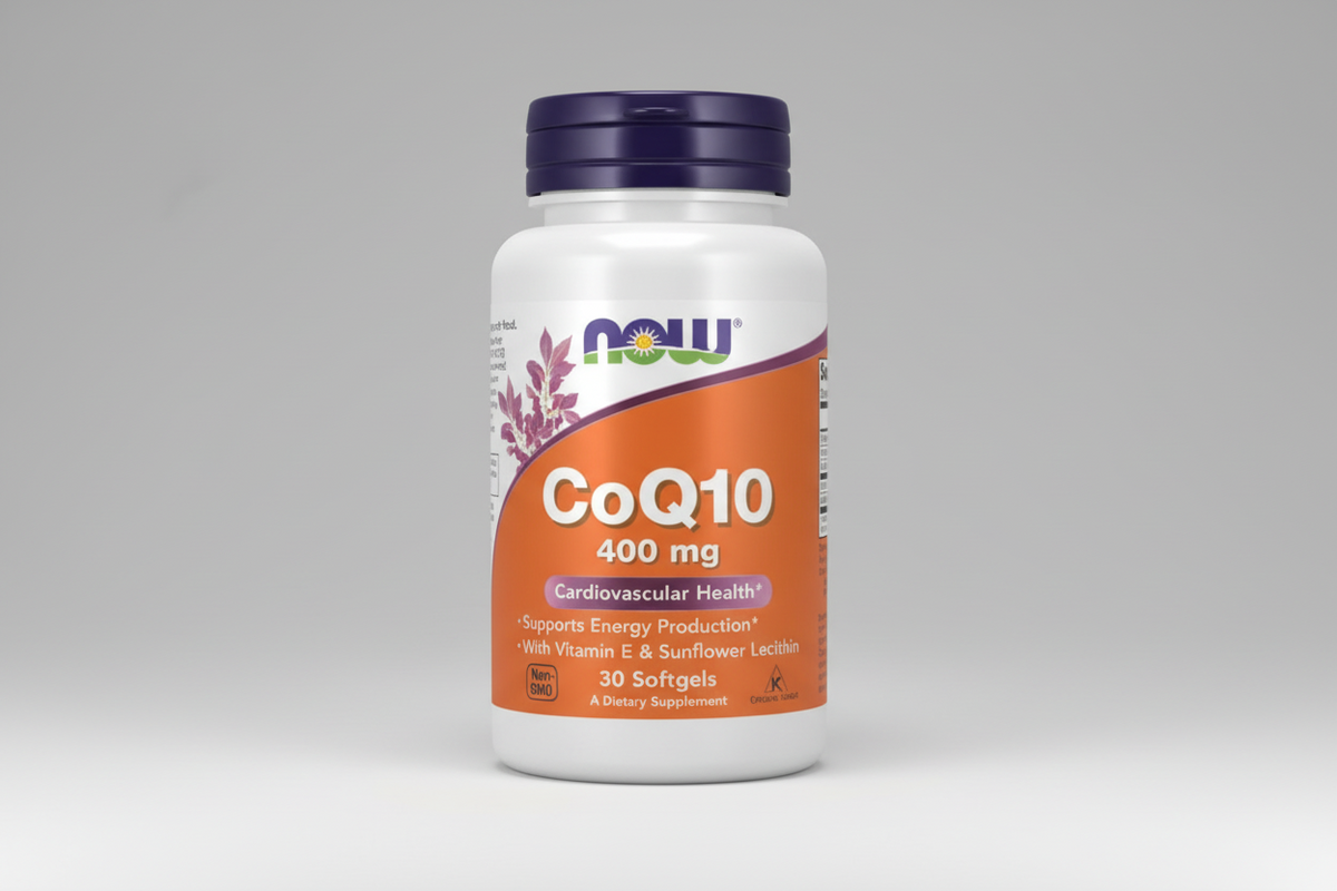 Supplement bottle labeled 'CoQ10 400 mg' with Now brand on a white background