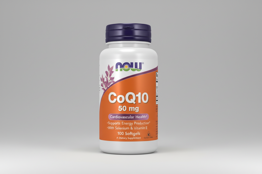 Supplement bottle labeled 'CoQ10 50 mg' with Now brand on a white background