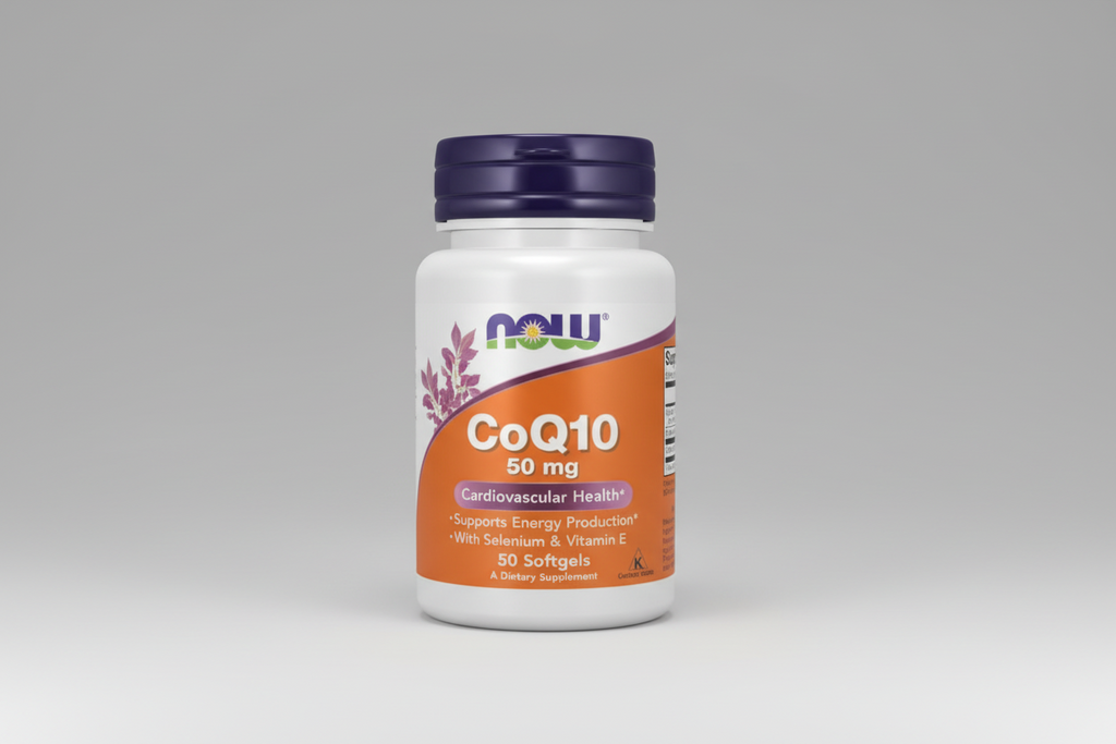 Supplement bottle labeled 'CoQ10 50 mg' with Now brand on a white background