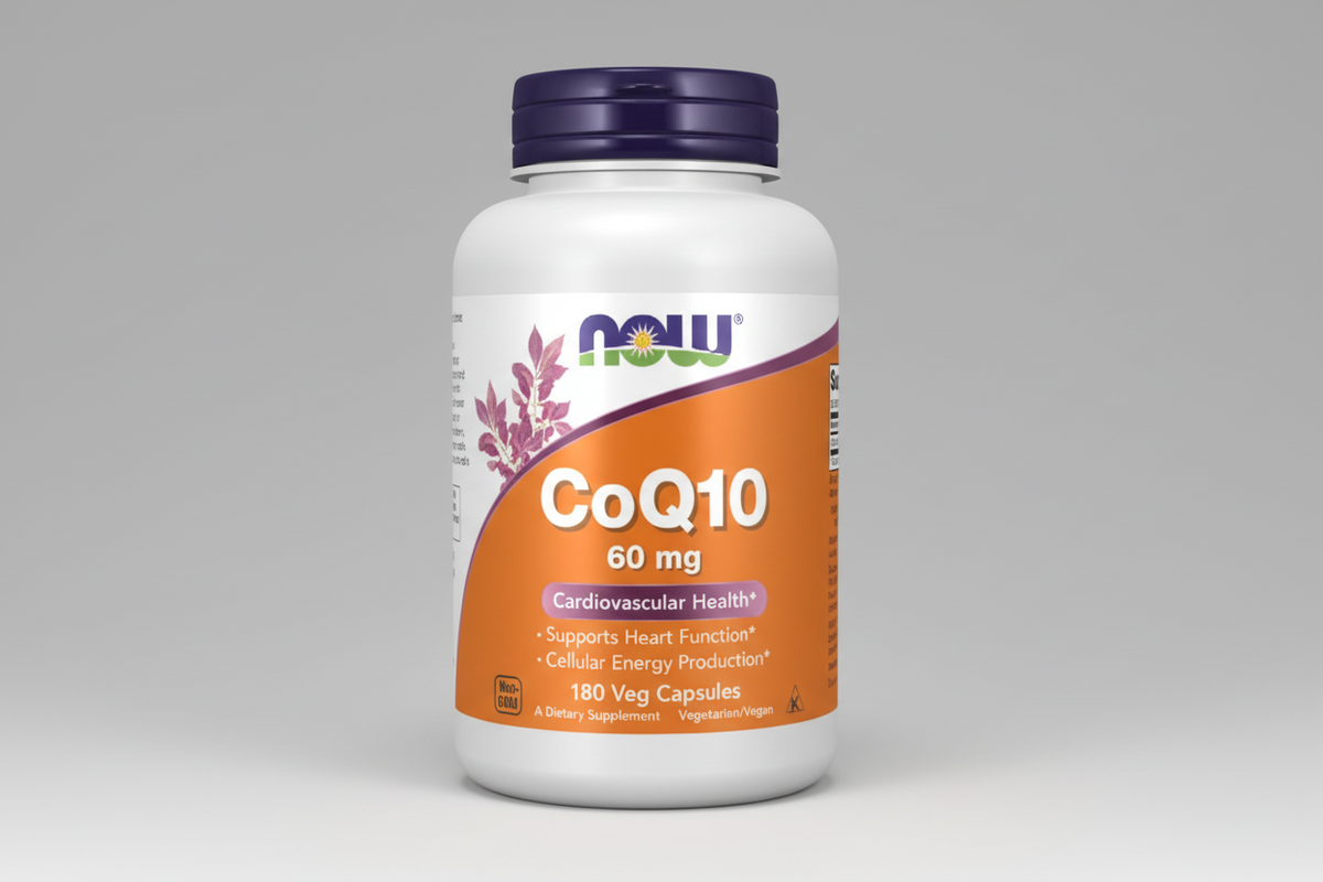Supplement bottle of CoQ10 60 mg with NOW brand on a white background