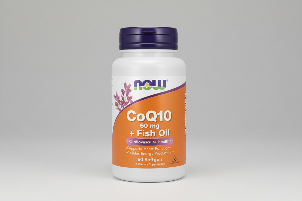 Supplement bottle labeled 'CoQ10 60 mg + Fish Oil' by NOW on an orange and white background.