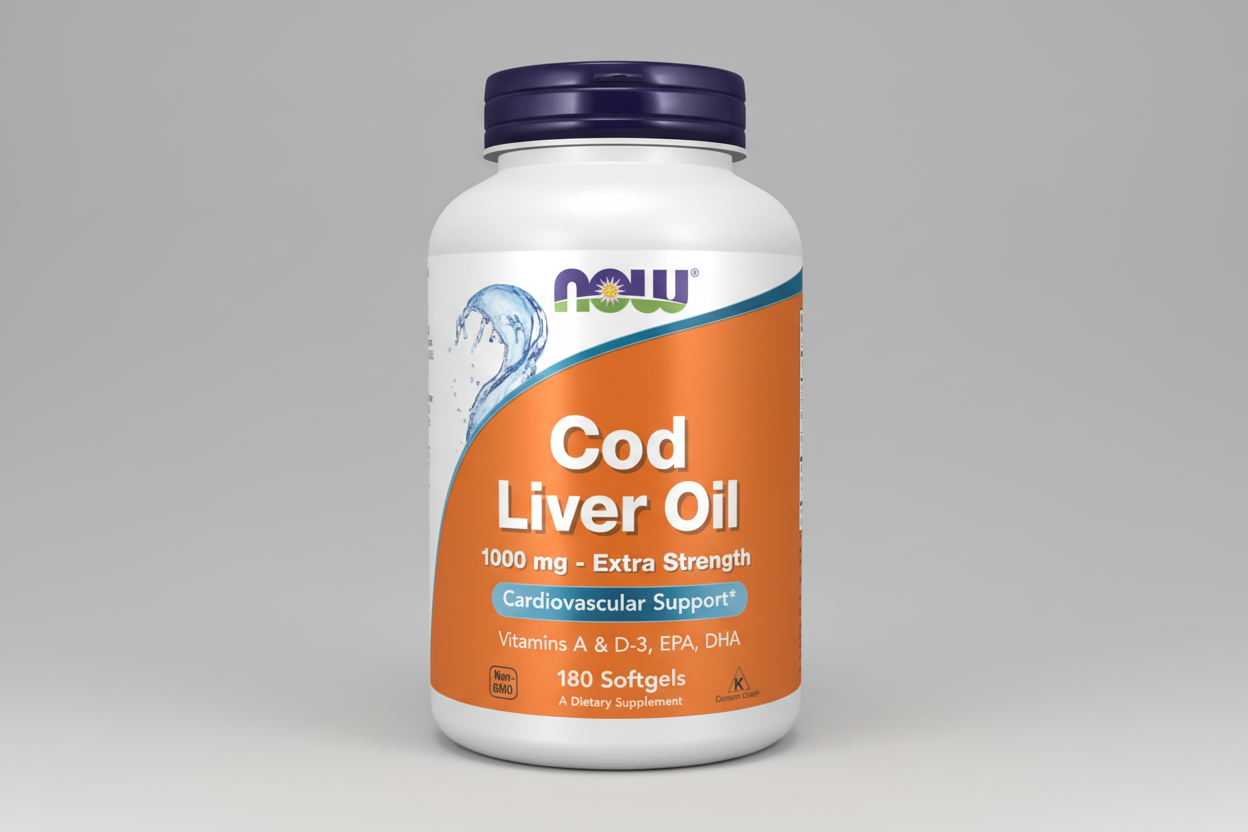 Supplement bottle of Cod Liver Oil with NOW brand on a white background