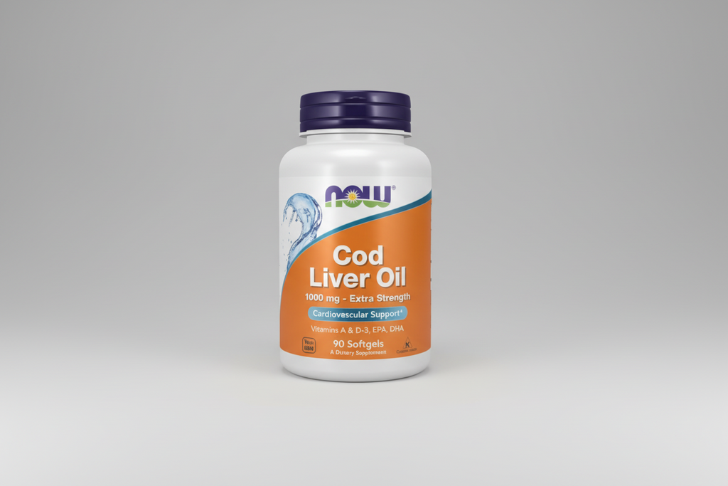 Cod liver oil supplement bottle with NOW brand on a white background