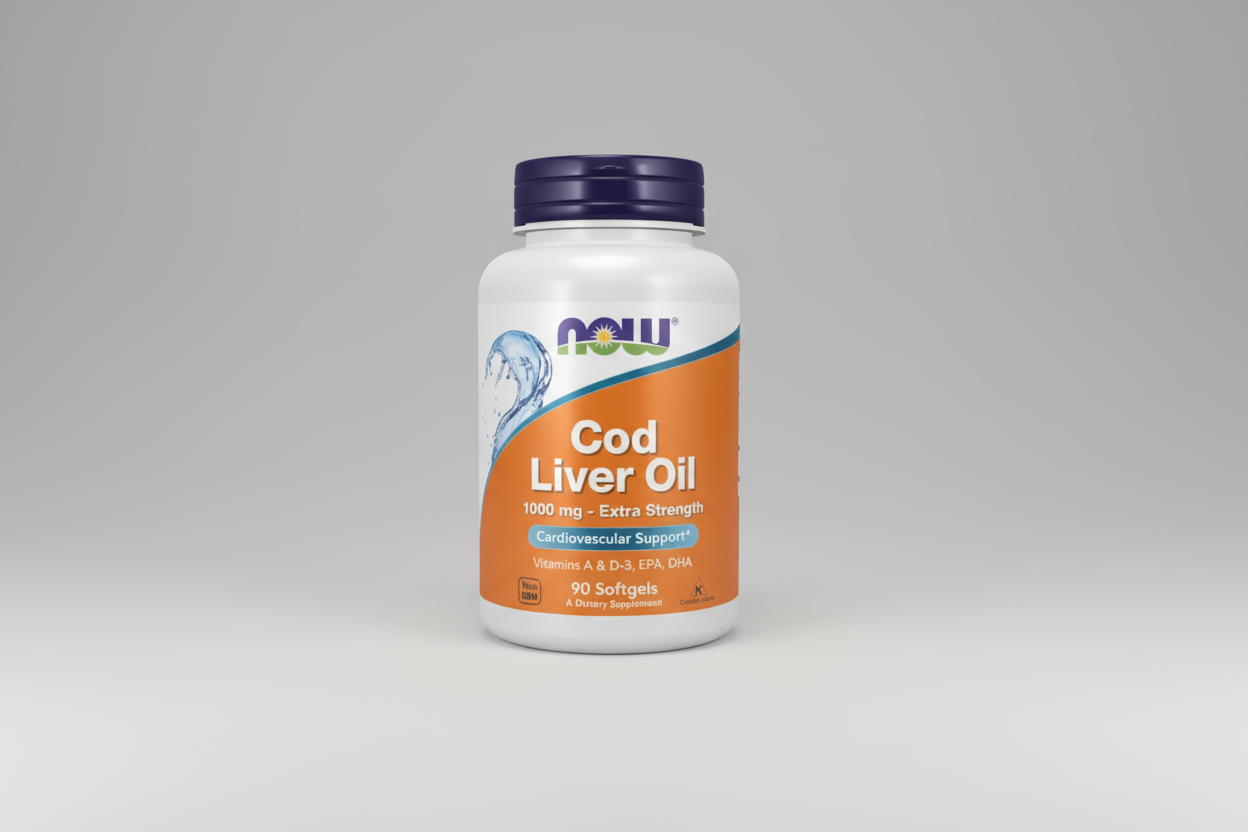 Cod liver oil supplement bottle with NOW brand on a white background