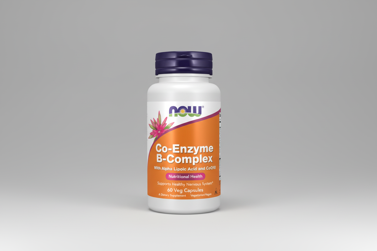 Supplement bottle labeled 'Co-Enzyme B-Complex' with Now brand on a white background