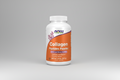 Collagen peptides powder supplement bottle with NOW brand on an orange and white label.
