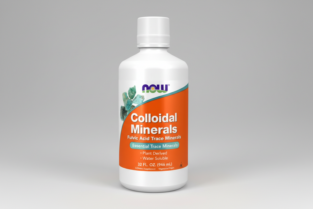 Bottle of NOW Colloidal Minerals on a white background