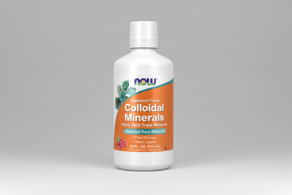 Bottle of NOW Colloidal Minerals with raspberry flavor on an orange label