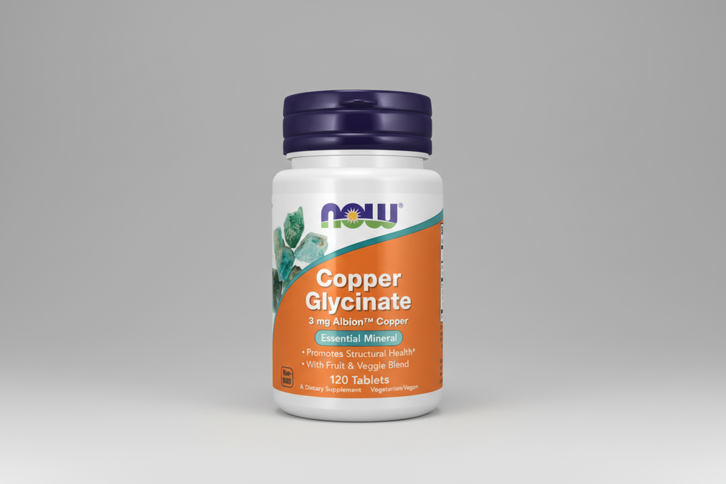Supplement bottle labeled 'Copper Glycinate' by NOW on a white background