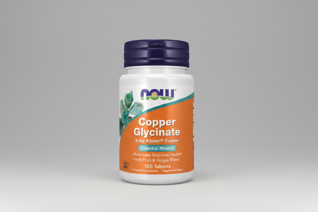 Supplement bottle labeled 'Copper Glycinate' by NOW on a white background