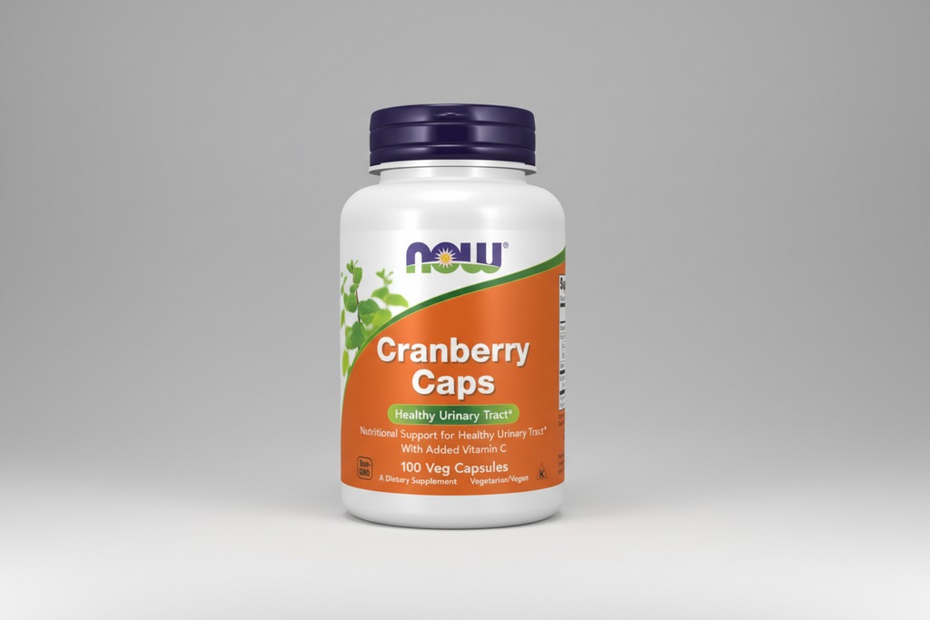 Supplement bottle labeled 'Cranberry Caps' with NOW brand on an orange and white background