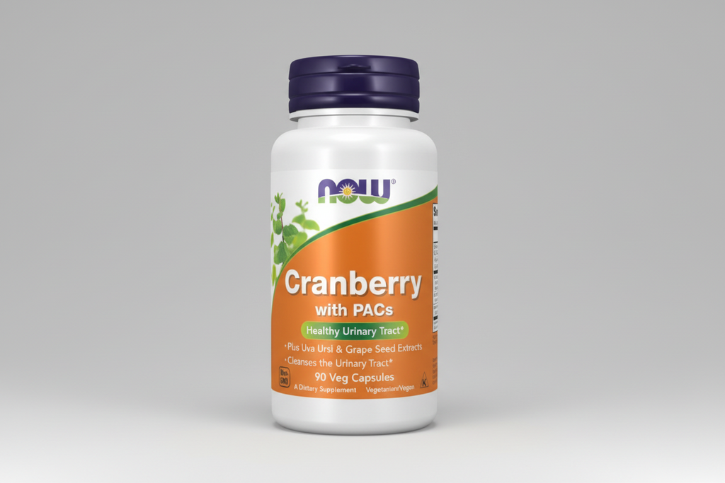 Supplement bottle labeled 'Cranberry with PACs' by NOW on a white background