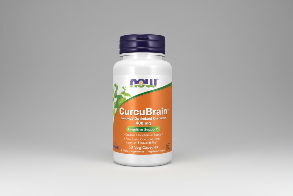 CurcuBrain supplement bottle with NOW label on a white background