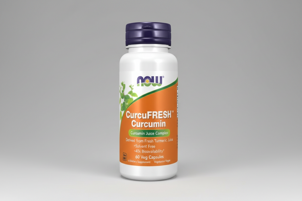 Curcufresh Curcumin supplement bottle with NOW brand on a white background