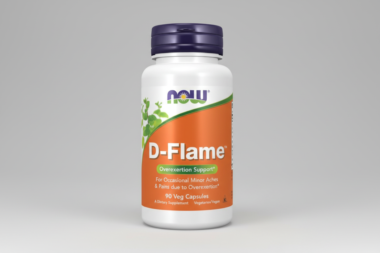 Supplement bottle labeled 'D-Flame' with NOW brand on a white background