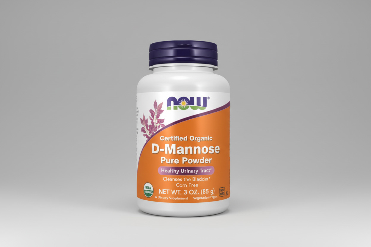 Bottle of NOW D-Mannose Pure Powder on a white background