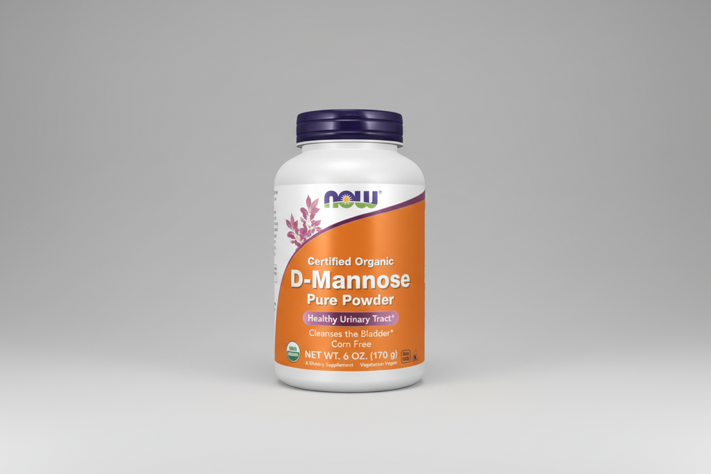Bottle of NOW D-Mannose Pure Powder on a white background