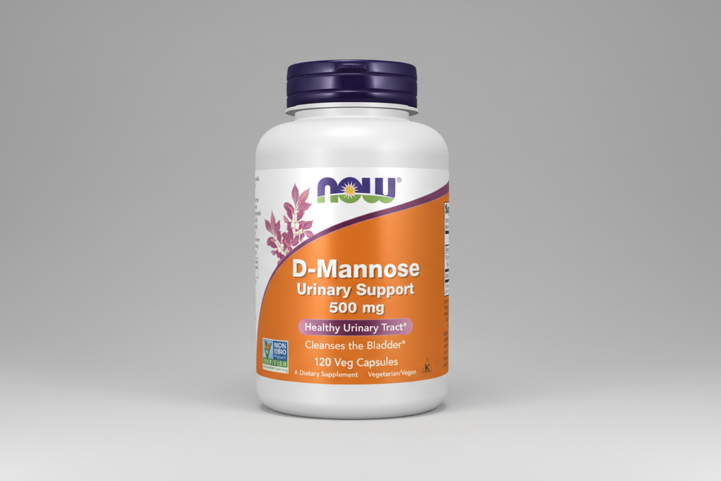 Supplement bottle labeled 'D-Mannose Urinary Support' by NOW on a white background