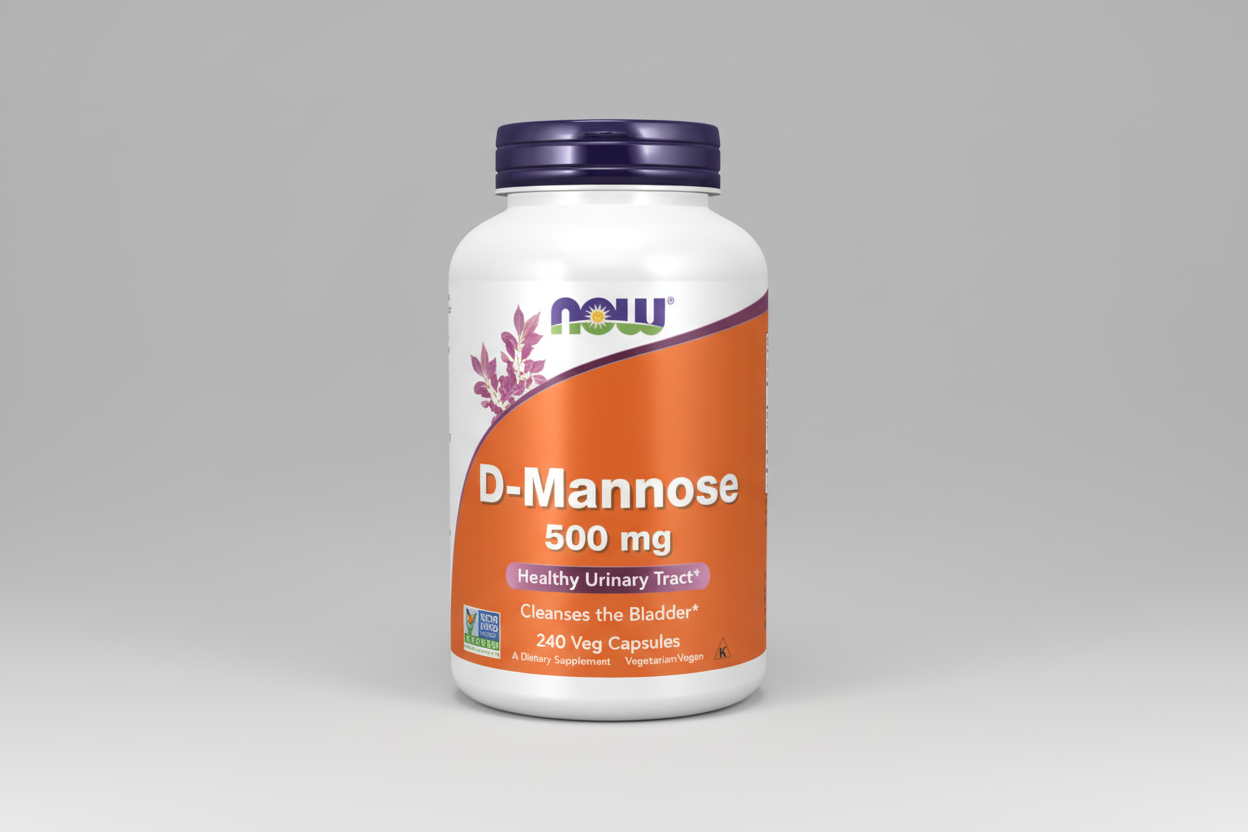 Supplement bottle labeled 'D-Mannose 500 mg' with NOW brand on a white background