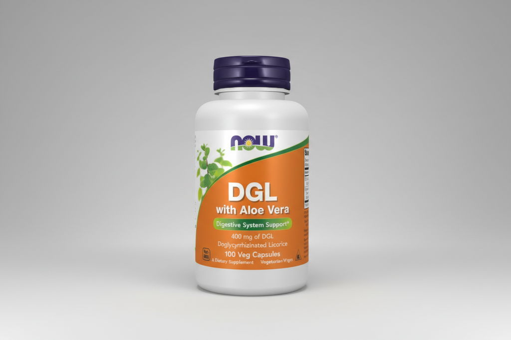 Supplement bottle labeled 'DGL with Aloe Vera' by NOW on a white background