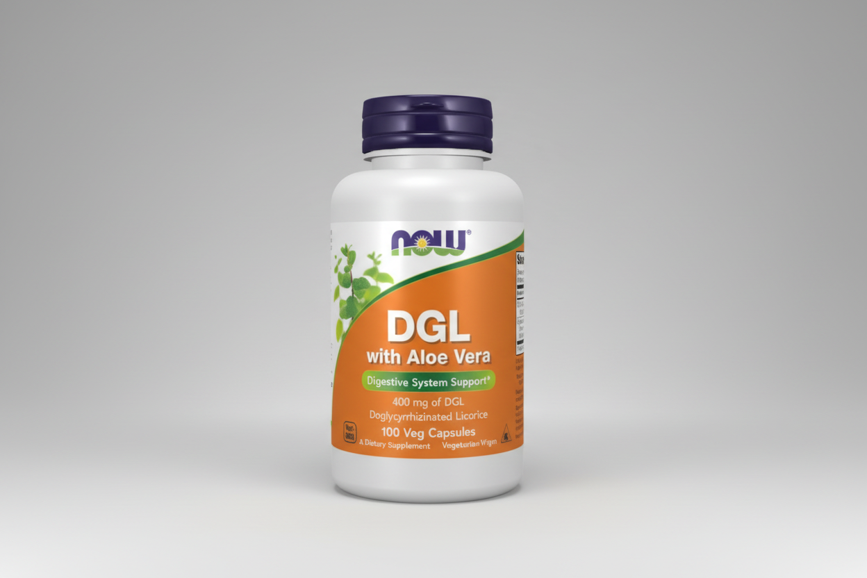 Supplement bottle labeled 'DGL with Aloe Vera' by NOW on a white background