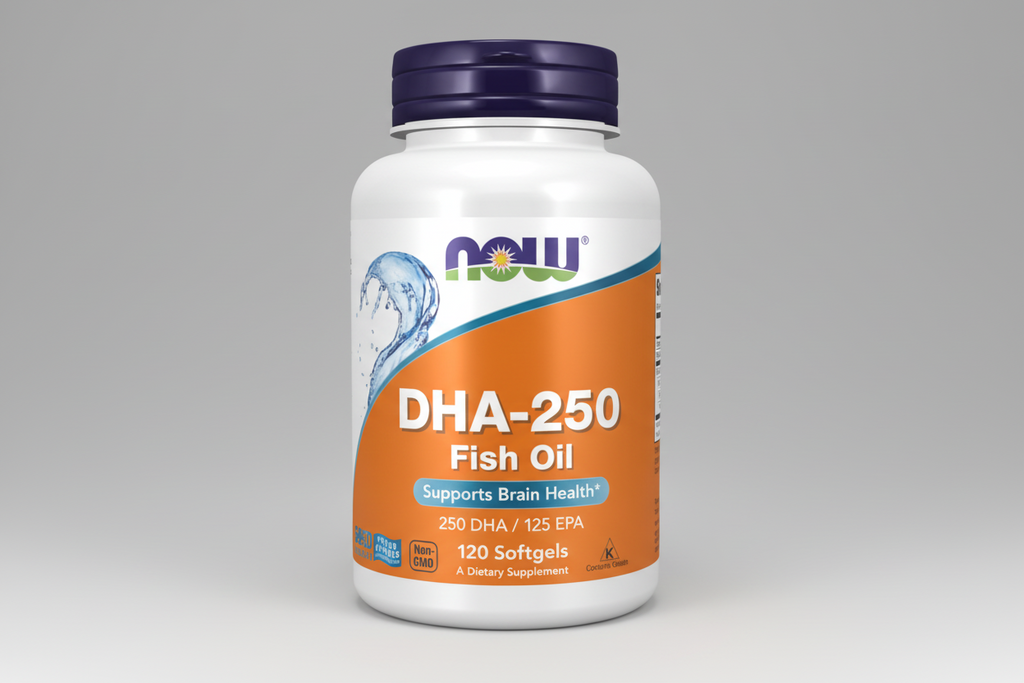 Supplement bottle labeled 'DHA-250 Fish Oil' with NOW brand on a white background