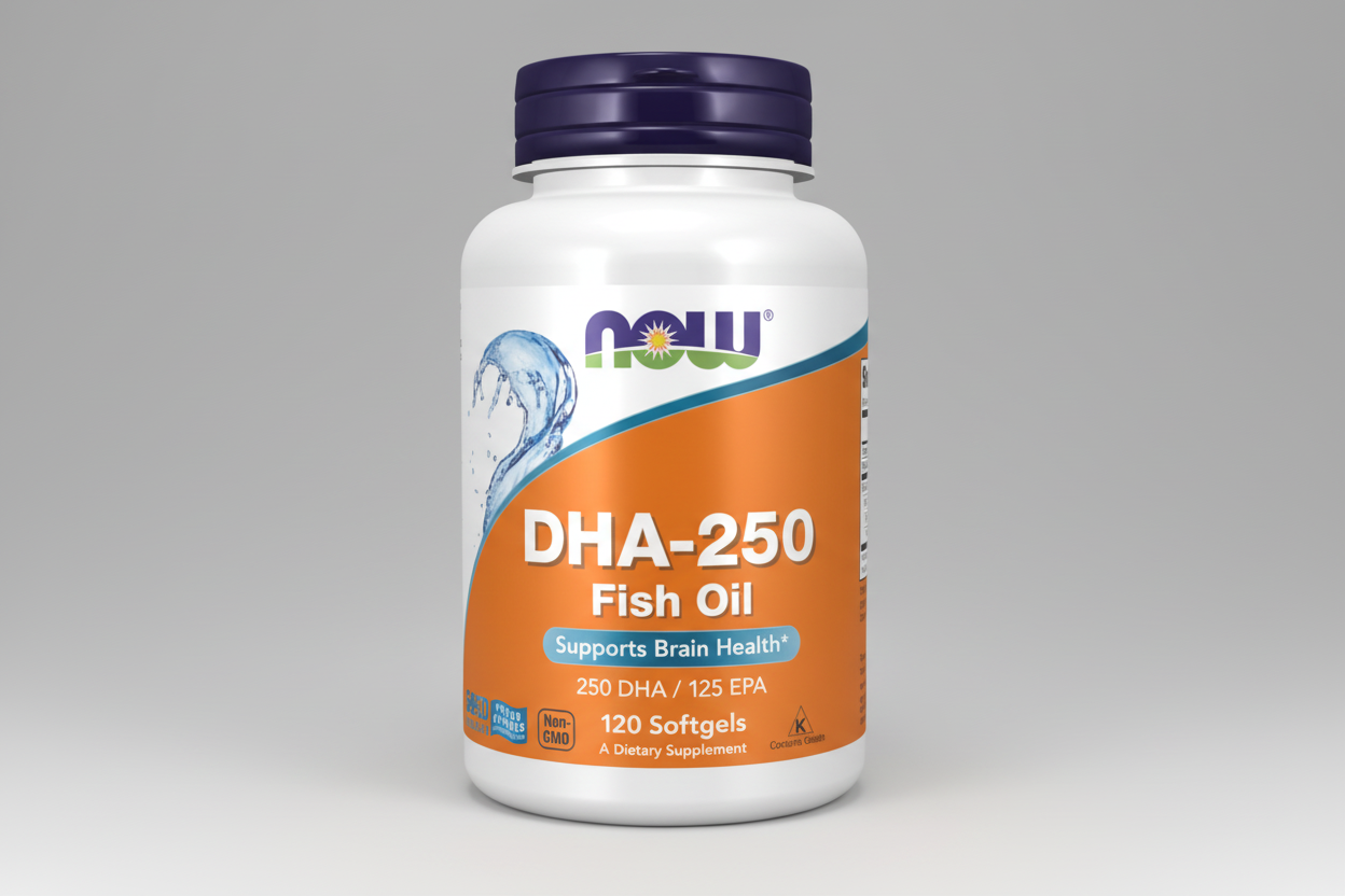 Supplement bottle labeled 'DHA-250 Fish Oil' with NOW brand on a white background