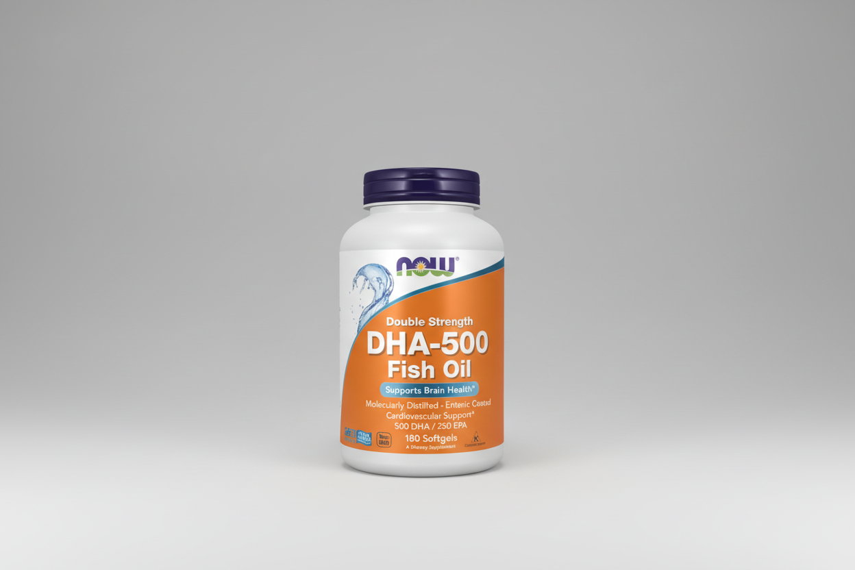 Double Strength DHA-500 Fish Oil supplement bottle with NOW label on a white background