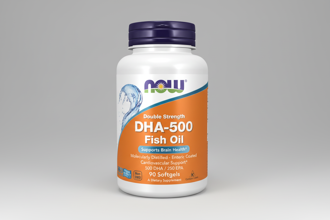 Double Strength DHA-500 Fish Oil supplement bottle on a white background