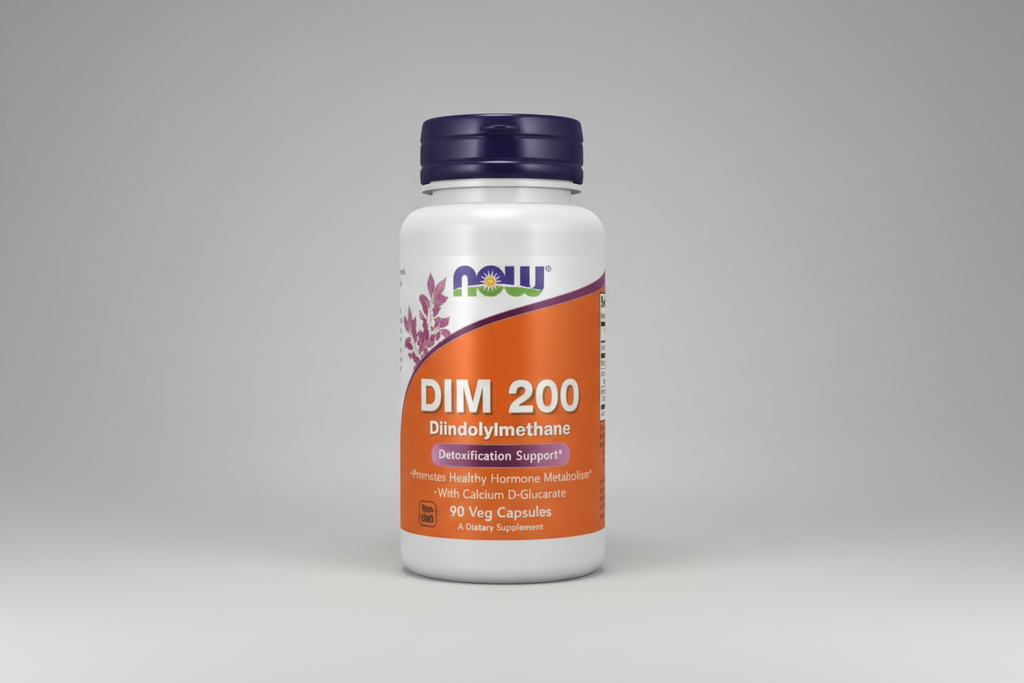Supplement bottle labeled 'DIM 200' with Now brand on a white background