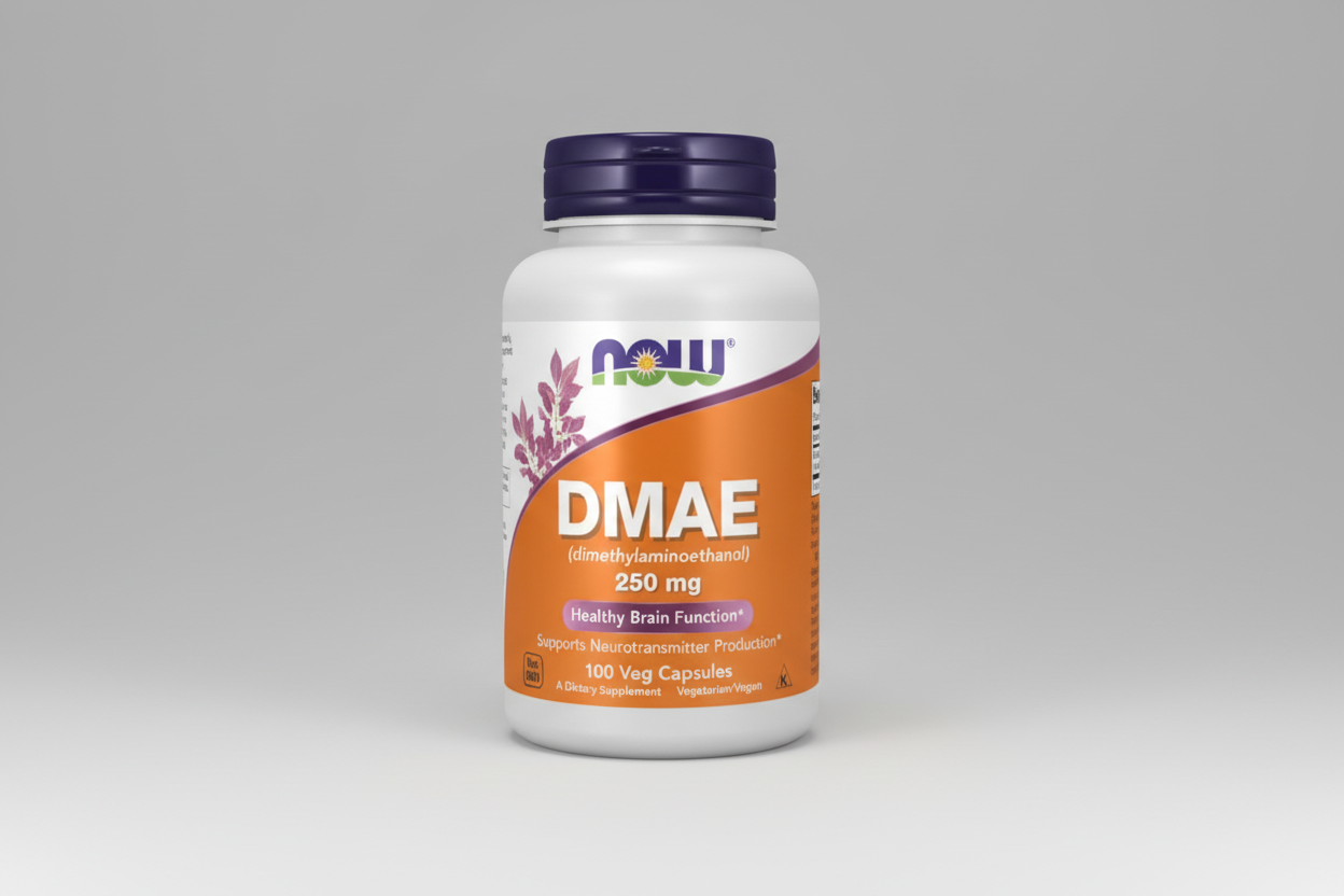 Supplement bottle labeled 'DMAE' with Now brand on a white background