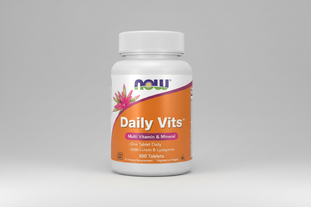 Multivitamin supplement bottle labeled 'Daily Vits' with NOW brand on an orange background