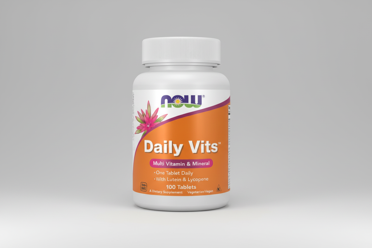 Multivitamin supplement bottle labeled 'Daily Vits' with NOW brand on an orange background