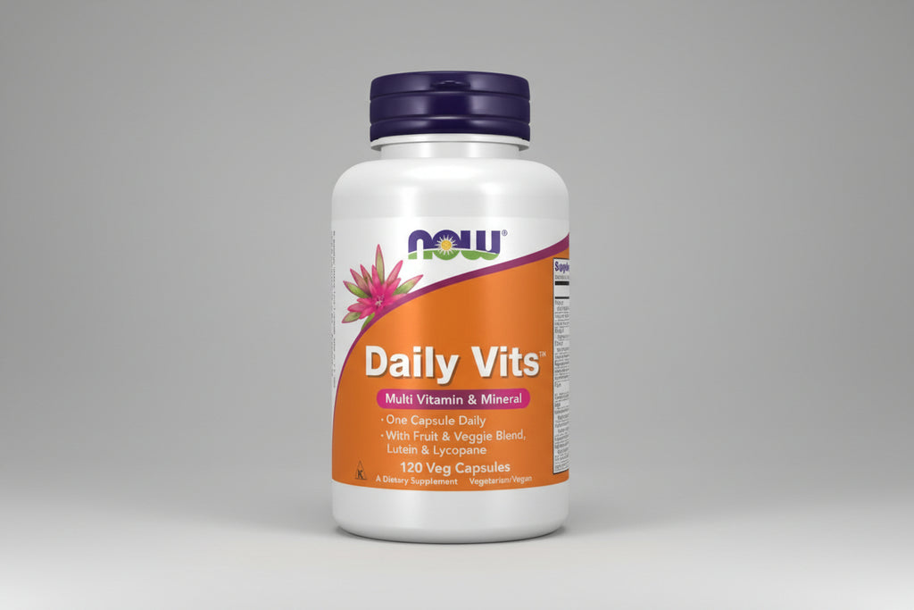 Supplement bottle labeled 'Daily Vits' with NOW brand on a white background