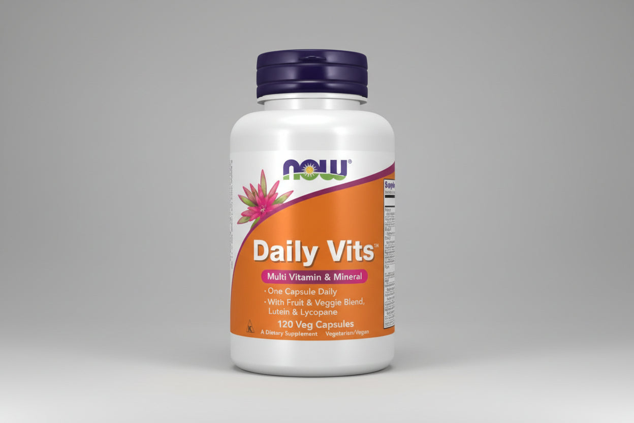 Supplement bottle labeled 'Daily Vits' with NOW brand on a white background