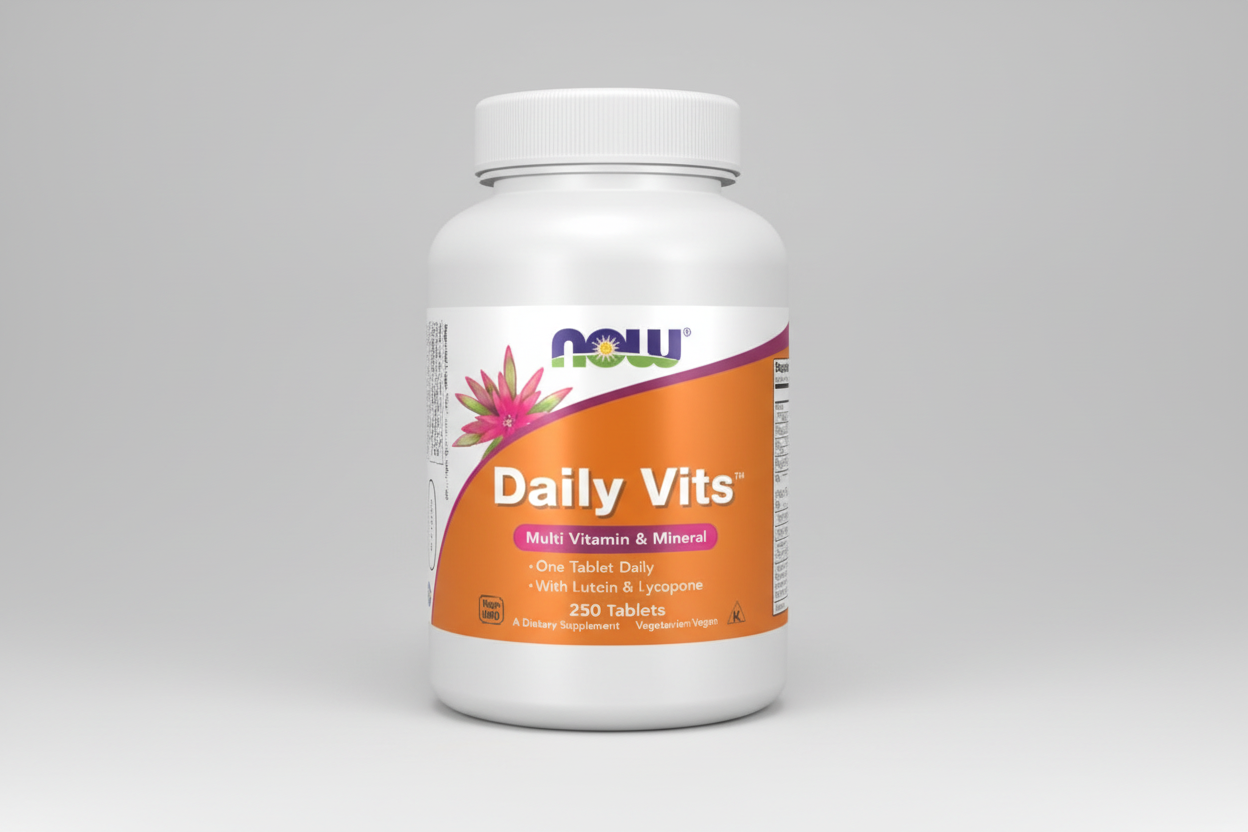 Vitamin supplement bottle labeled 'Daily Vits' with NOW brand on a white background