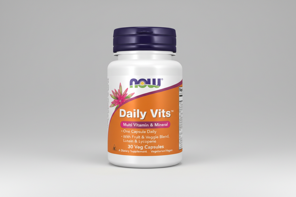 Supplement bottle labeled 'Daily Vits' with NOW brand on an orange and purple background