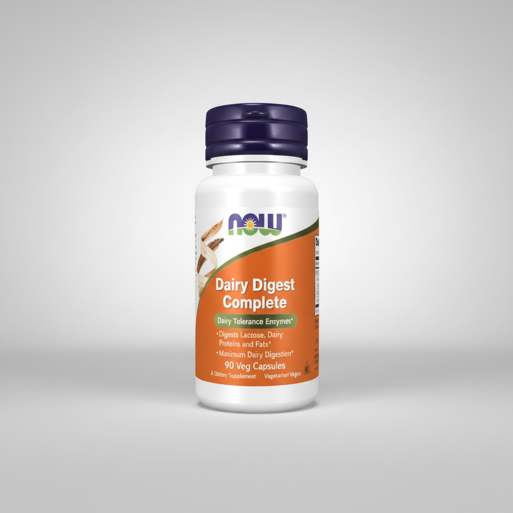 Supplement bottle labeled 'Dairy Digest Complete' by NOW on a white background