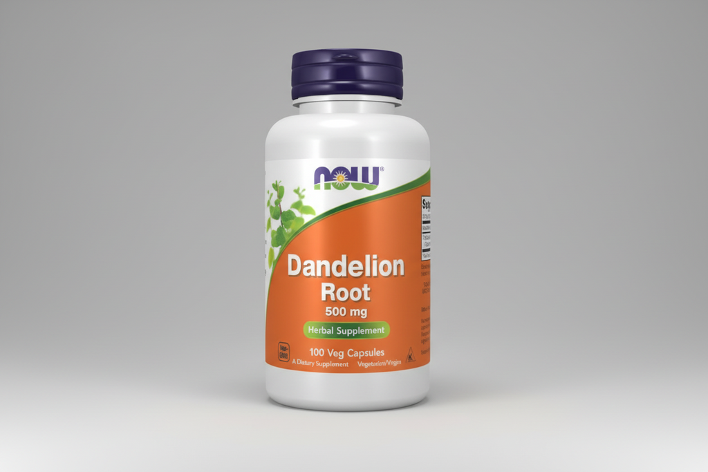 Supplement bottle labeled 'Dandelion Root' with Now brand on a white background