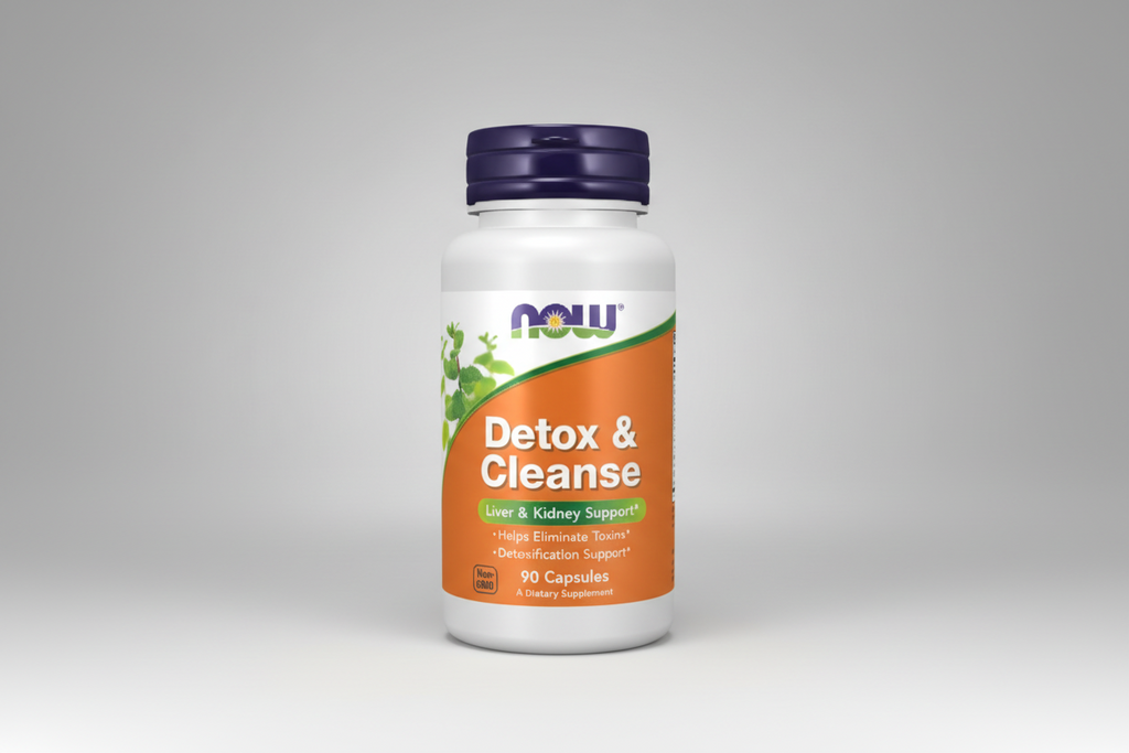 Supplement bottle labeled 'Detox & Cleanse' with NOW brand on a white background