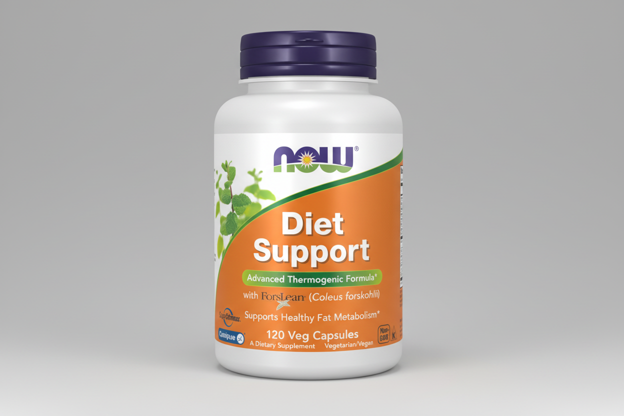 Supplement bottle labeled 'Diet Support' with NOW brand on a white background