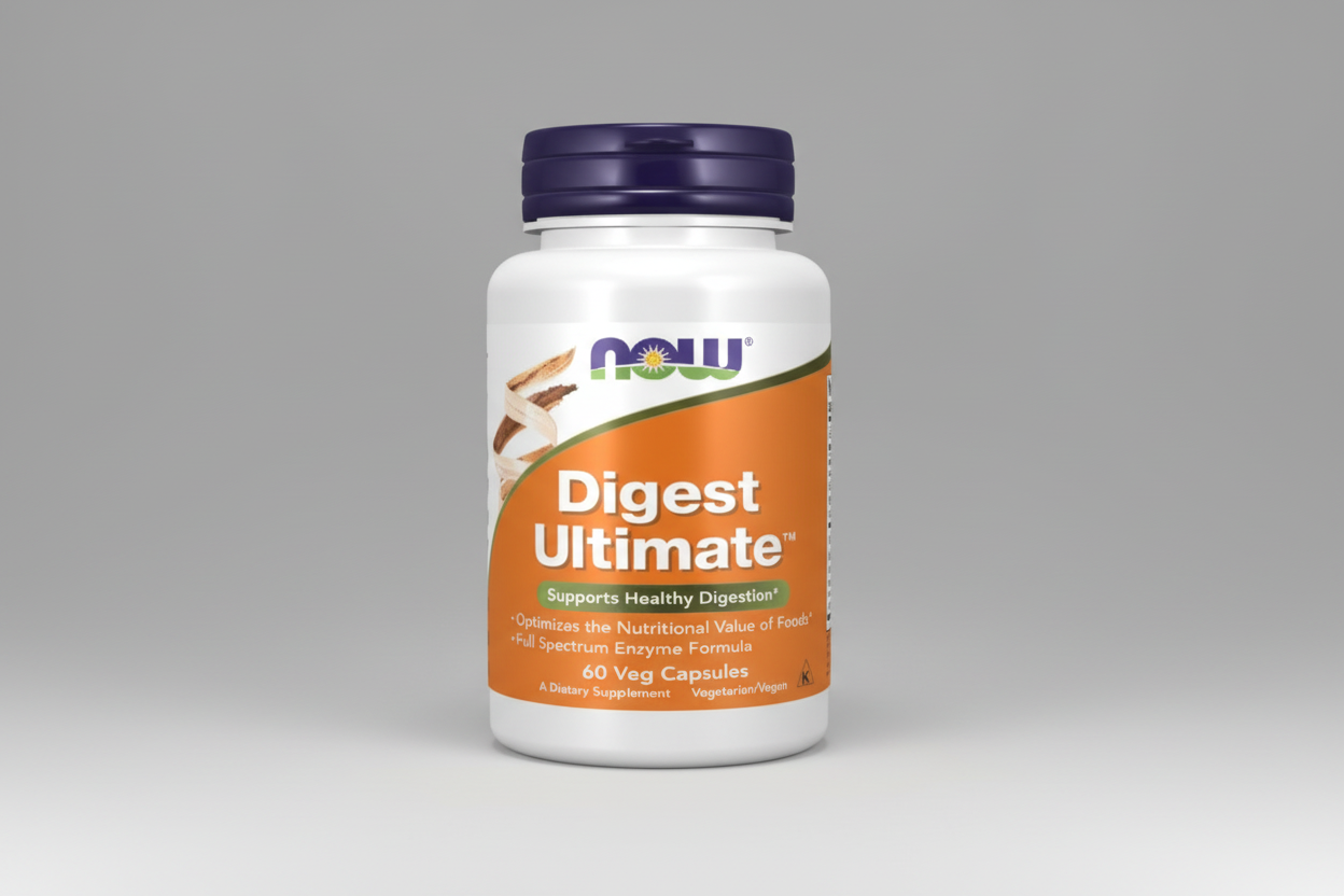 Supplement bottle labeled 'Digest Ultimate' by NOW on a white background