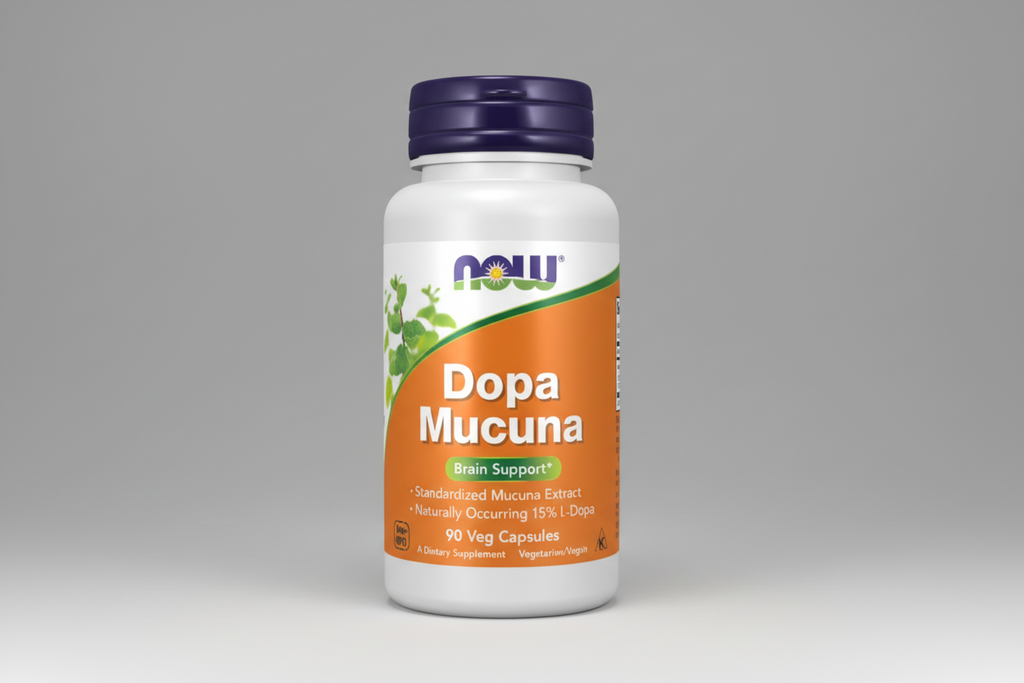 Supplement bottle labeled 'Dopa Mucuna' with NOW brand on a white background