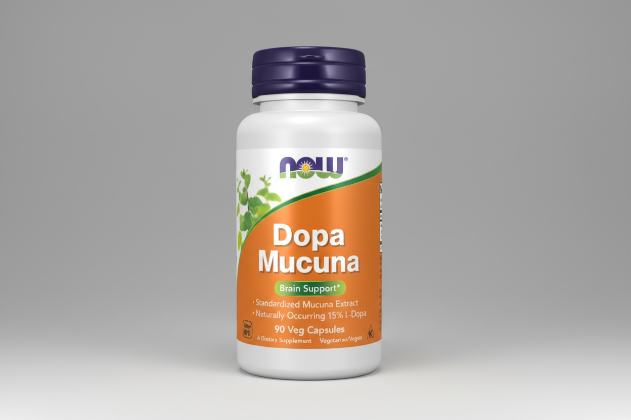 Supplement bottle labeled 'Dopa Mucuna' with NOW brand on a white background