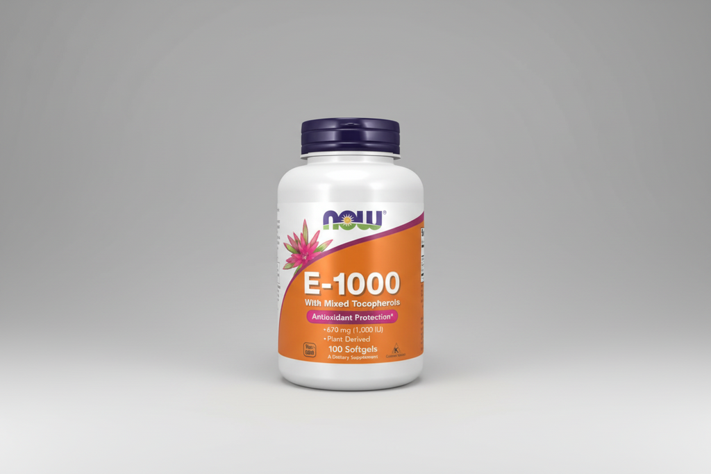 Supplement bottle labeled 'E-1000' with NOW brand on a white background